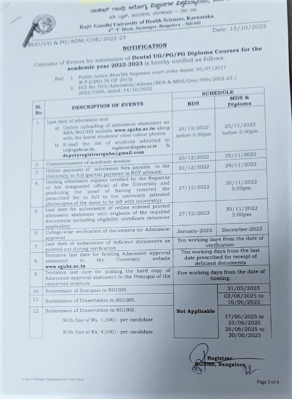 Calendar of Events for Admission to Various Courses for Academic Year